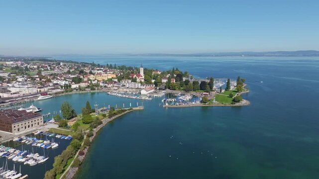 Aerial view of the town of Romanshorn with the harbour area, ferry port, yacht harbour, marina, bunker meadow, lake park, Lake Constance, Canton Thurgau, Switzerland