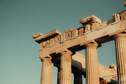 View of the ancient marble columns of the Parthenon at the Acropolis in Athens, Greece.