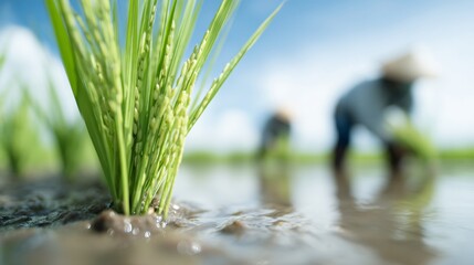 Obraz premium rice planting season, farmers working in flooded paddy fields, realistic agriculture lifestyle scene, cultural farming tradition