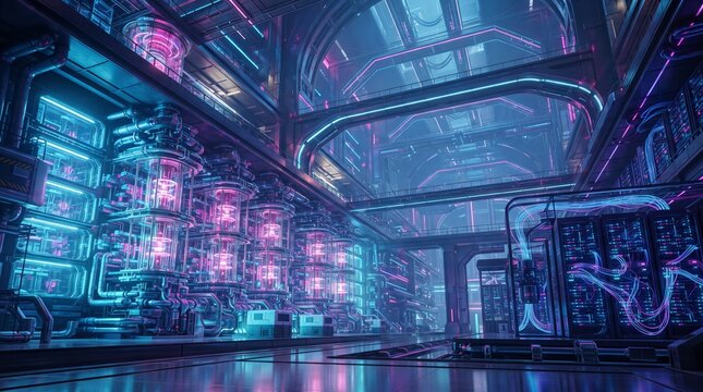 Futuristic Quantum Banking Infrastructure with Advanced Qubit Data Centers, high-tech financial architecture visualizing next-generation quantum computing and secure banking