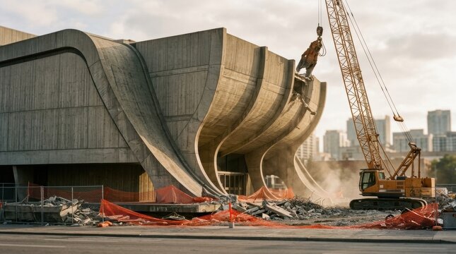 Modernist cultural building facade with demolition crane, rubble, and safety netting, showing urban change beside a softened skyline.