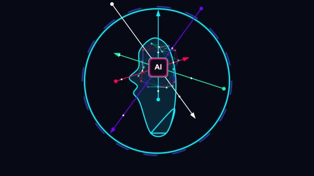 Artificial intelligence chip graphic featuring a stylized face profile surrounded by glowing data transmission vectors and digital HUD interface elements.