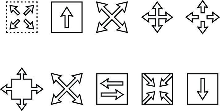 Interface navigation arrow icon set featuring maximize fullscreen minimize resize transform and four way directional movements