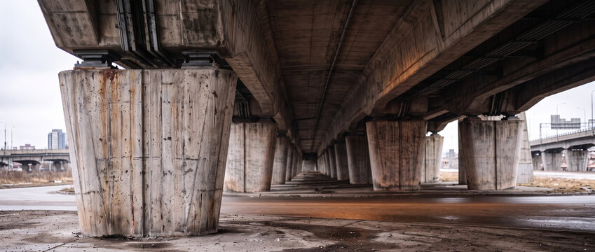 Concrete highway overpass supported by rows of massive pillars above an urban roadway. Civil engineering and transportation infrastructure. Bridge construction and structural design.