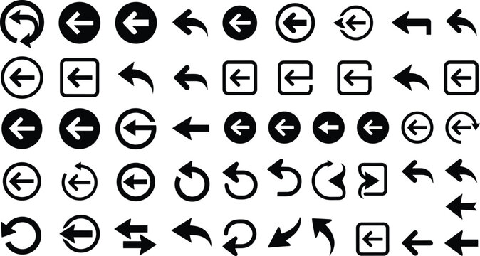 Left pointing arrow icon collection featuring undo refresh previous page return and back navigation symbols