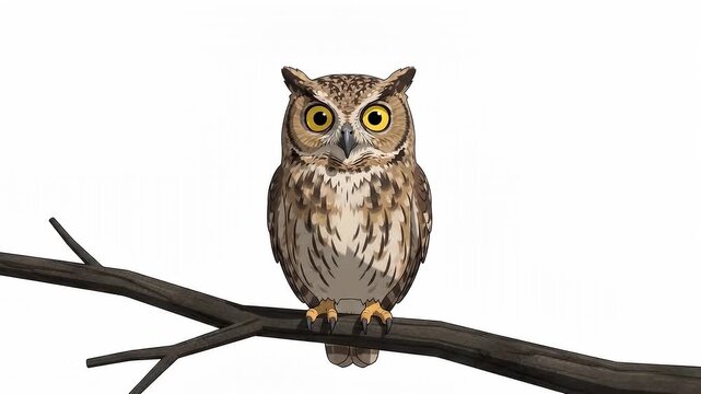 Perched spotted barn owl bird with sharp yellow eyes nocturnal wildlife icon isolated on white background