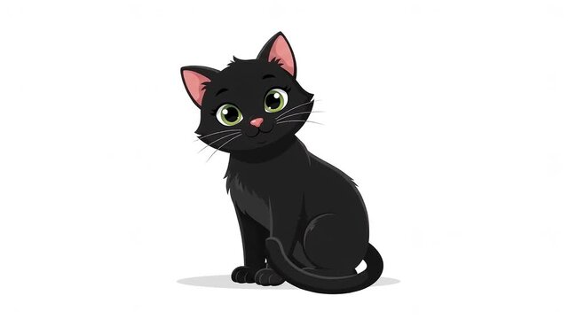 Adorable black cat sitting straight with big green glowing eyes cute pet icon isolated on white background