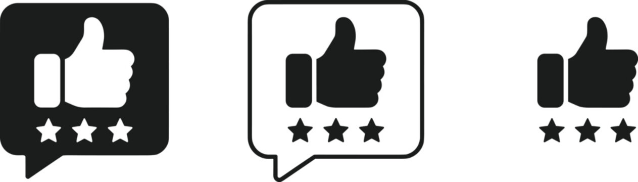 Thumbs up feedback review icon set featuring chat bubbles with recommendation stars and hand gesture symbols