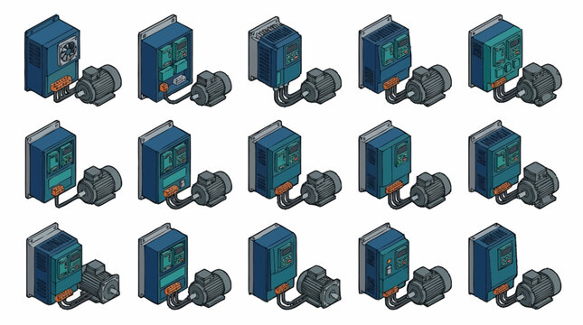 Elegant Collection of Modern Variable Frequency Drives Paired with Electric Motors in Blue and Gray Tones