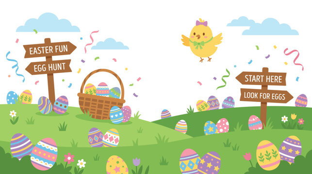 Easter egg hunt meadow scene with wooden signs colorful eggs and chick for spring event