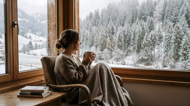Side view of a woman relaxing in a chair by a large wooden window, wrapped in a blanket, holding a warm mug, and looking out at a scenic snowy winter pine forest and mountain landscape.