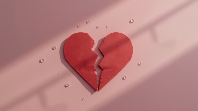 Broken paper heart expressing sorrow and heartbreak with water droplets on pink surface