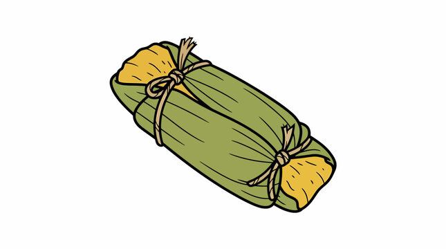 A traditional tamale wrapped in corn husks, tied with string. The tamale filling is visible at both ends, appearing golden yellow