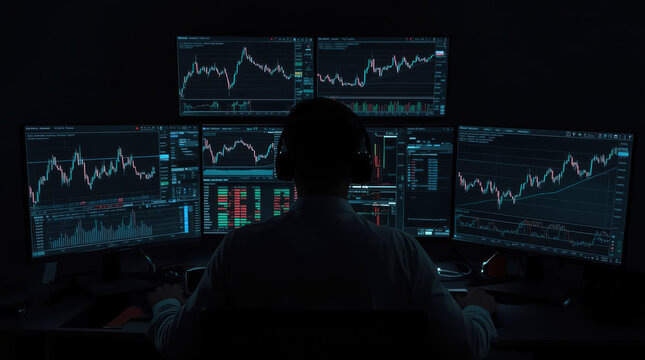 Anonymous analyst monitoring financial market charts on multiple computer screens in dark office