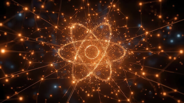 Glowing atomic nucleus formed by interconnected energy particles in abstract space