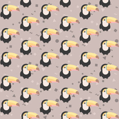 Fototapeta premium Seamless pattern with cute toucan birds and geometric shapes on a soft light brown background