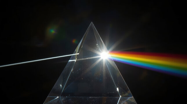 Prism splitting white light into vivid rainbow beam in darkness