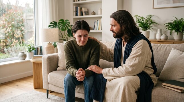 Jesus comforts a crying young woman in a modern living room offering hope and solace
