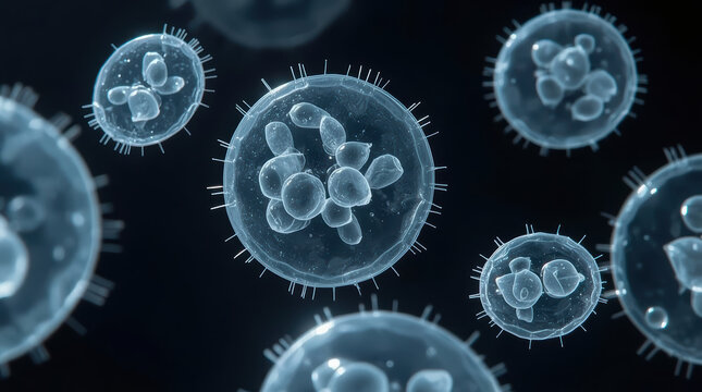 Close up amoeba microorganism cluster floating in dark fluid