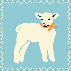 Cute white lamb wearing an orange neck scarf on light blue scalloped frame background, vintage nursery vector illustration. © Albina