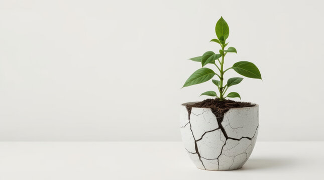 Declining green plant growing from cracked container suggests environmental fragility