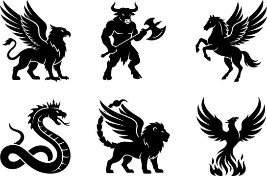 Mythological Creature Silhouette Icon Collection with Griffin Cerberus Minotaur Pegasus Chimera and Phoenix Symbols for Fantasy Graphic Design Projects (19 words)
