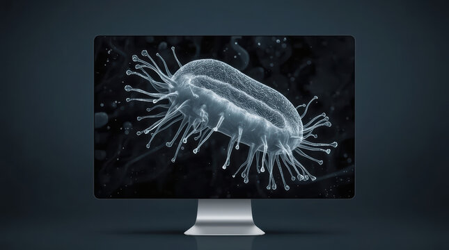Amoeba microscopic image displayed on computer monitor with scientific detail