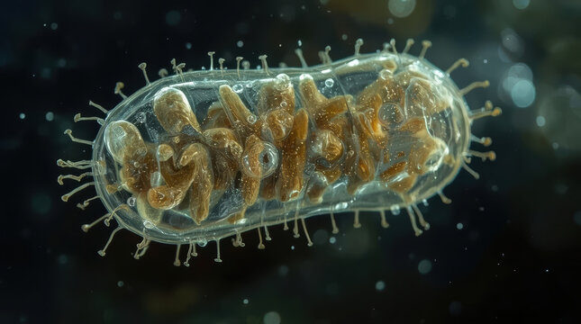 Digital microscopic image of amoeba with translucent cellular structure and brown organelle