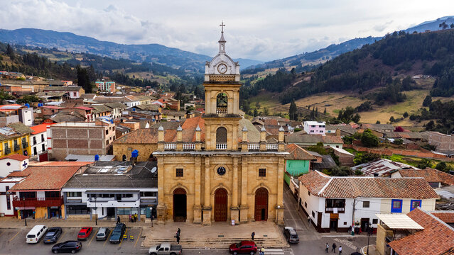 Pesca, Boyaca - Colombia. March 3, 2026. Panoramic drone view of the town's main church.