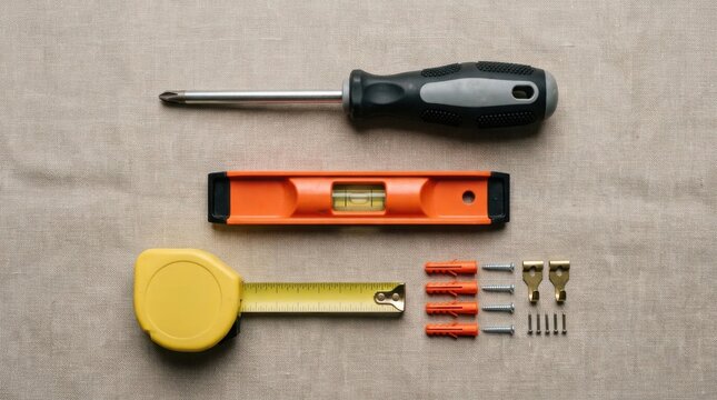 Beginner DIY toolkit with screwdriver, wall anchors, level, tape measure and picture hooks arranged for a home hanging project.