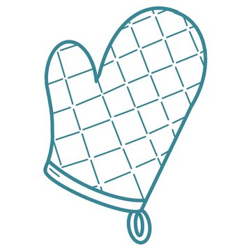 Cute outline kitchen oven mitt with a quilted grid pattern, blue sketch style vector illustration.