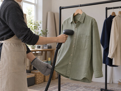Worker steaming a hanging shirt with a padded support mitt