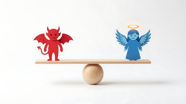 Balancing Moral Choices Between Good and Evil Icons on a Wooden Seesaw Scale Concept