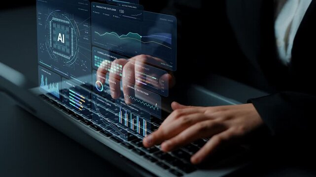 Hands type on a laptop. Prediction intervals, feature impact and ensemble weights reveal different aspects of AI analysis, supporting interpretation of model behavior and data trends.