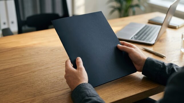 Professional holding a blank dark blue folder in a modern office setting for business presentation and document review