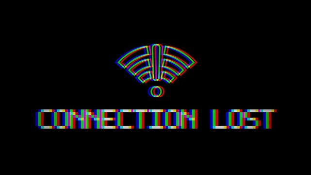 Cyberpunk retro error screen featuring a neon WiFi offline icon with exclamation mark and CONNECTION LOST pixel text displaying dynamic RGB chromatic aberration, analog jitter, scanlines, and screen s