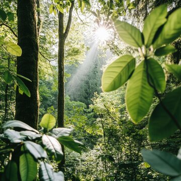 Serene Forest Scene with Sunlight Filtering Through Lush Green Foliage in Nature's Embrace