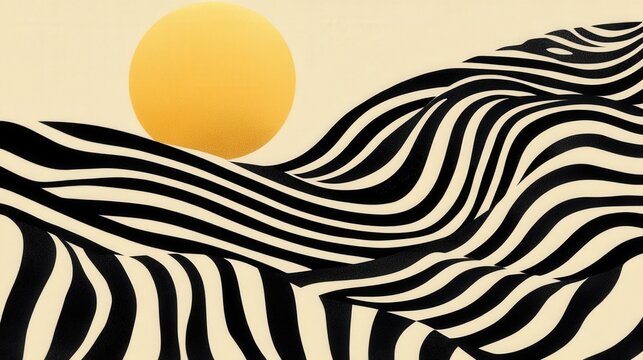 Stylized Black and White Zebra Stripes Against a Vibrant Yellow Sun in Abstract Landscape Design