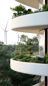 Eco-Friendly Apartment Balconies with Lush Greenery and Wind Turbines in Background