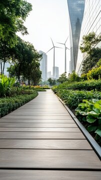 Urban Pathway Surrounded by Lush Greenery and Modern Architecture in a City Landscape