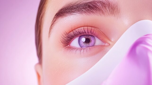 Close-Up of Young Woman's Eye with Purple Iris and Cosmetic Mask Against Soft Pink Background