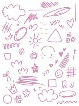 Abstract pink line art doodle set with hearts, stars, clouds, and geometric shapes, cute hand drawn scribble elements vector illustration.