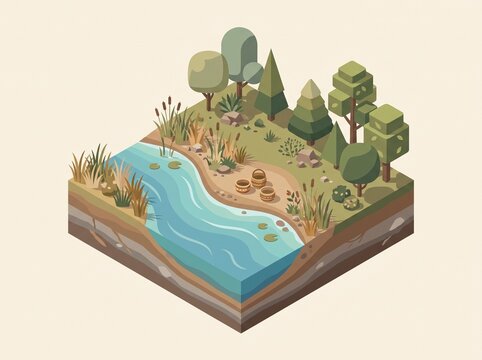 Isometric cross section of a river landscape with lush trees and soil layers low poly isometric landscape environment