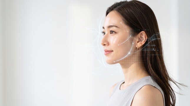 Asian woman in profile with digital skincare analysis graphics on