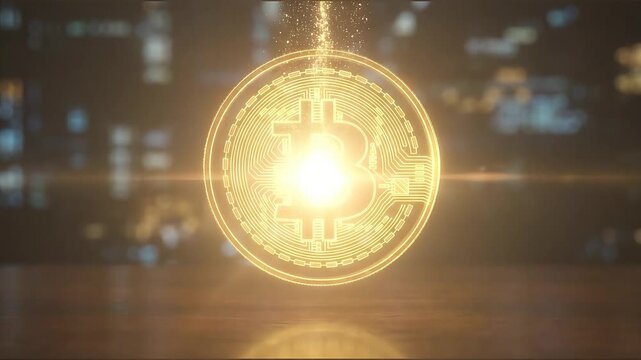 Golden cryptocurrency symbol motion graphics with city bokeh background video loop