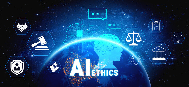 Futuristic Concept of Artificial Intelligence and Ethics with Silhouettes Over Galactic Background and Icons Representing Justice and Communication Quark.