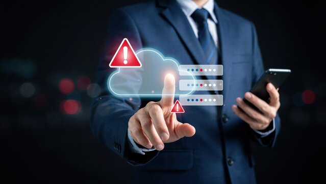Businessman touching digital cloud server with warning alert symbol