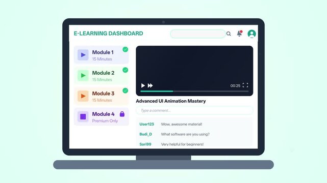 E Learning Online Dashboard Interface with Video Course Modules on Laptop Display