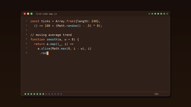 JavaScript code typing itself in dark editor, programming animation