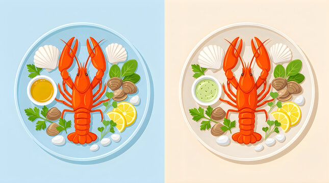 Two plates with lobster, clams, scallops, lemon slices, and herbs, one with yellow sauce and one with green sauce, flat vector illustration